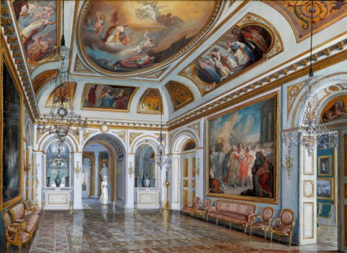 Widok na dawną Salę Salomona w Pałacu na Wyspie. Ściany zdobią malowidła o tematyce religijnej autorstwa M. Bacciarellego. 