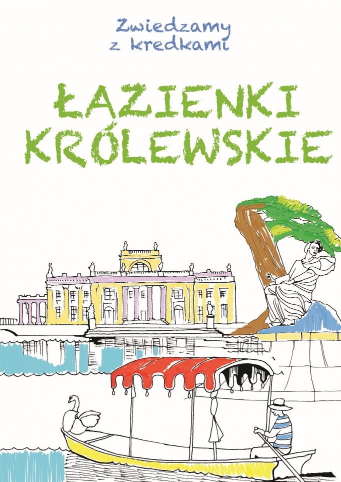 Rysunek przedstawiający budynek Pałacu na Wyspie, Pomnik Fryderyka Chopina i gondolę pływjącą po wodzie.