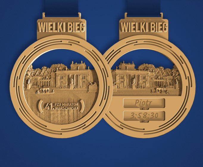 Okrągły medal 41. PZU Maratonu Warszawskiego z wizerunkiem Pałacu na Wyspie i niebieską wstążką.