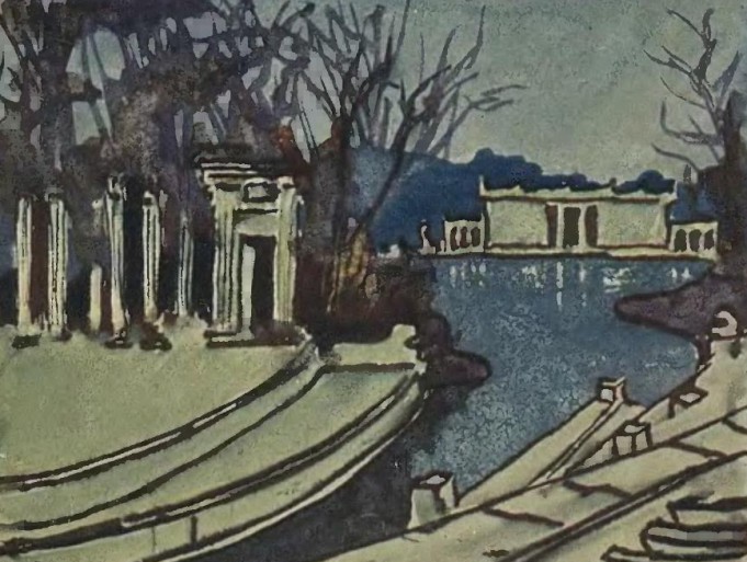 Rysunek przedstawiający Pałac na Wyspie w otoczeniu drzew i wody.