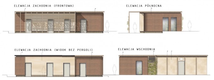 Rysunek przedstawiający budynek parterowy z czterech różnych stron. 