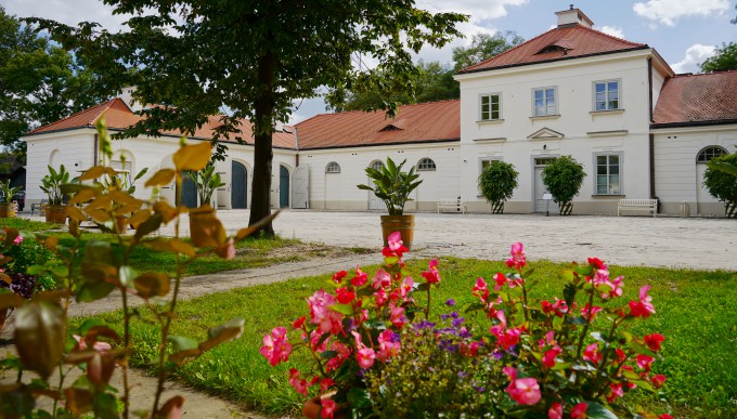 Budynek Stajni Kubickiego. Przed budynkiem na trawniku rosną czerwone kwiaty. 