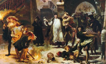 Obraz Jana Matejki "Gamrat i Stańczyk" przedstawiający ludzi na dziedzińcu budynku.