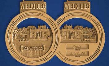 Okrągły medal 41. PZU Maratonu Warszawskiego z wizerunkiem Pałacu na Wyspie i niebieską wstążką.