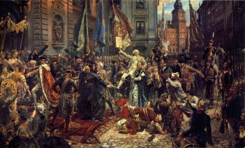 Obraz przedstawiający pochód posłów. Pochód przemieszcza się ulicą wśród rozentuzjazmowanego tłumu mieszkańców. Przejście ochraniają żołnierze prezentujący broń, w tle widoczna jest fasada Zamku Królewskiego.