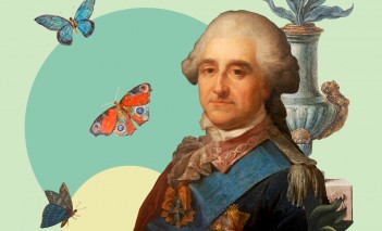 Plakat przedstawiający popiersie króla Stanisława Augusta. Władcę otacza kilka latających wokół niego motyli. Z tyłu za jego głową znajduje się wazon z kwiatami. 