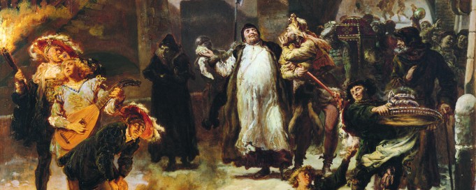 Obraz Jana Matejki "Gamrat i Stańczyk" przedstawiający ludzi na dziedzińcu budynku.