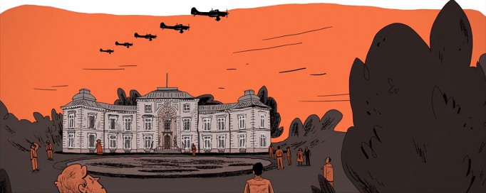 Rysunek przedstawiający budynek, na którym przelatują samoloty. 