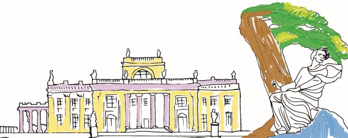 Rysunek przedstawiający budynek Pałacu na Wyspie, Pomnik Fryderyka Chopina i gondolę pływjącą po wodzie.