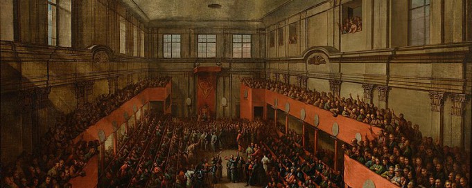 Obraz przedstawiający uchwalenie Konstytucji 3 maja, w sali zgromadzony jest tłum ludzi. 