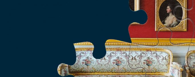 Zdjęcia przedstawiające kanapę z epoki i obrazy na ścianie w połowie przykryte kawałkiem puzzla.