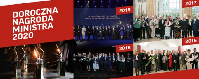  Zdjęcie z napisem "Doroczna Nagroda Ministra 2020", pod spodem stoją statuetki, obok cztery grupowe zdjęcia laureatów Nagrody z poprzednich lat. 