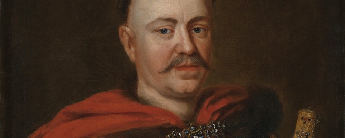 Portret Stanisława Herakliusza Lubomirskiego. Mężczyzna jest ubrany w zbroję i płaszcz, w ręku trzyma buławę. 