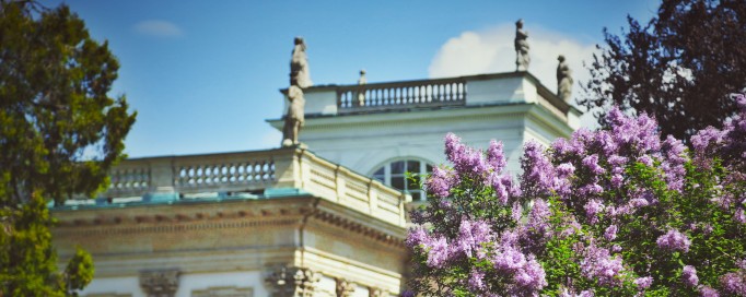 Ściana boczna Pałacu na Wyspie w otoczeniu zieleni.
