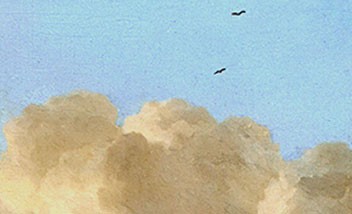 Rysunek przedstawiający chmury na niebie i kilka latających ptaków.