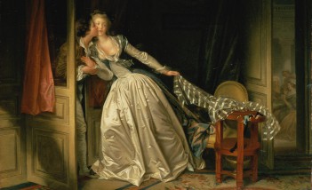 Obraz "Skradziony pocałunek". Kobietę ubraną w długą suknię całuje w policzek mężczyzna