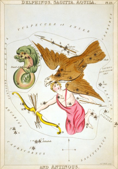 Rysunek, na którym widoczne są ryba, ptak i kobieta trzymająca łuk i strzały. 