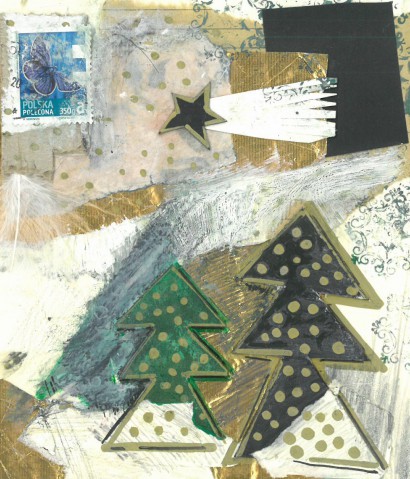 Świąteczna pocztówka, na której narysowane są dwie choinki, a nad nimi - Gwiazda Betlejemska. 