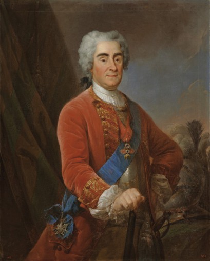 Portret przedstawiający Augusta II w czerwonym szustokorze i kirysie, z Orderem Złotego Runa i Orderem Orła Białego oraz regimentem. 