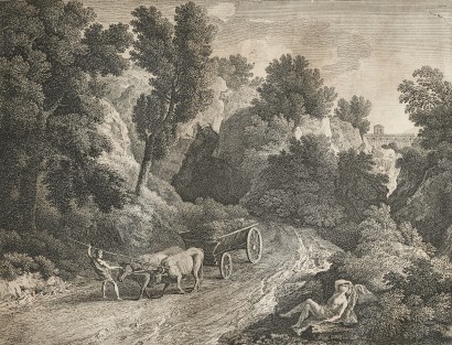Grafika, na której widać las i drogę pośrodku, którą jedzie wóz zaprzęgnięty w woły, z przodu idzie mężczyzna.
