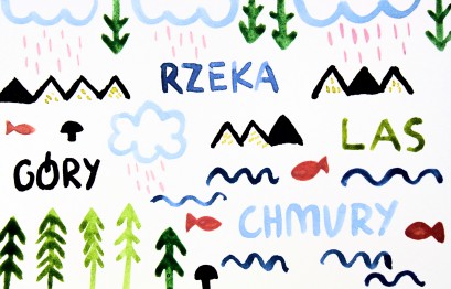 Rysunek przedstawiający chmury, drzewa i góry, przeplatane napisami "rzeka", "las", "chmury", "góry".