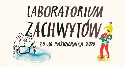 Napis "Laboratorium zachwytów", koło napisu po lewej stronie rysunek przedstawiający tryskającą fontannę i po prawej mężczyzna z dzieckiem.