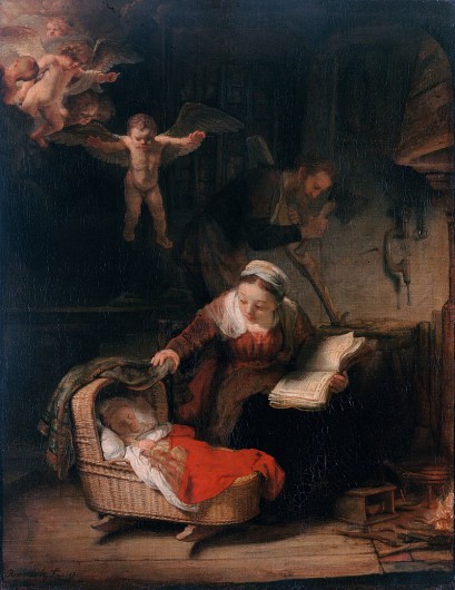 Kobieta trzymająca książkę pochyla się nad kołyską, w której leży dziecko, z tyłu stoi pracujący cieśla, w górze widać unoszące się aniołki. 