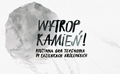 Rysunek kamienia i napis "Wytrop kamień! Rodzinna gra terenowa w Łazienkach Królewskich.