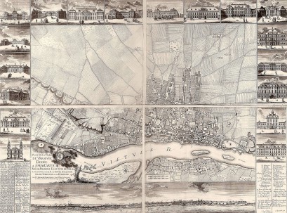 Historyczna mapa pokazująca Warszawę. Wzdłuż wyrysowanej na mapie rzeki, widać zarysy zabudowań. Obramowanie mapy stanowią rysunki budynków.