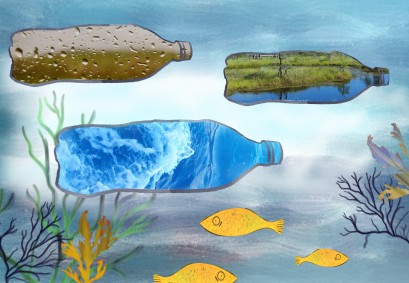 Rysunek przedstawiający wodę, w której pływają cztery żółte ryby. Na rybami unoszą się w wodzie trzy plastikowe butelki.