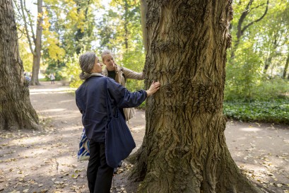 Dwie kobiety stoją przy drzewie i dotykają rękami grubego pnia.