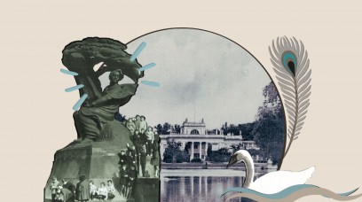 Plakat przedstawiający Pomnik Fryderyka Chopina po lewej stronie, w środku Pałac na Wyspie, obok Pałacu, po prawej stronie, znajdują się narysowane pawie pióro oraz łabędź.