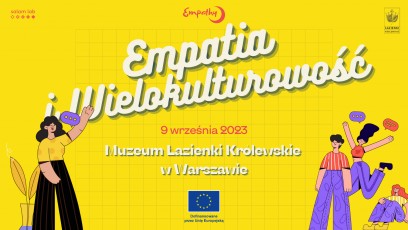 Plakat z napisem "Empatia i wielokulturowość" poniżej napisu po prawej i lewej stronie znajdują się narysowane postaci. 