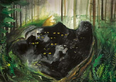 Rysunek przedstawiający czarnego stwora siedzącego w lesie. 