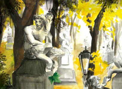 Rysunek przedstawiający rzeźby w parku. 