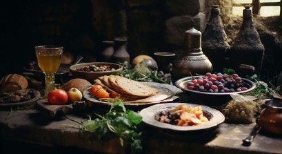 Stół zastawiony potrawami. 