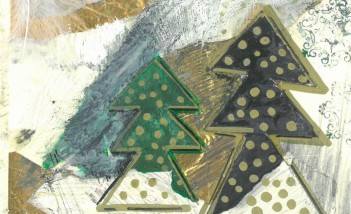 Świąteczna pocztówka, na której narysowane są dwie choinki, a nad nimi - Gwiazda Betlejemska. 