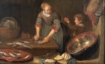 Obraz przedstawiający kobietę czyszczącą ryby, obok stoi chłopiec, który podaje jej jabłko.