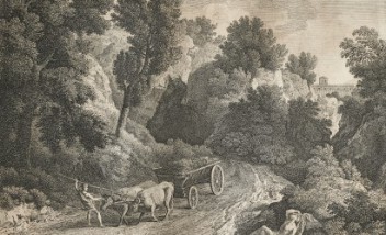 Grafika, na której widać las i drogę pośrodku, którą jedzie wóz zaprzęgnięty w woły, z przodu idzie mężczyzna.