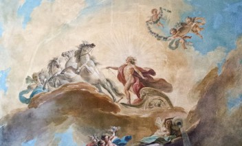 Malowidło, na którym widoczny jest mężczyzna powożący końmi, w otoczeniu aniołków i obłoków, u jego podnóża leży kobieta wylewająca wodę z dzbana.