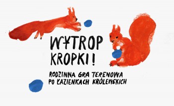 Rysunek przedstawiający dwie wiewiórki i napis "Wytrop kropki! Rodzinna gra terenowa po Łazienkach Królewskich"