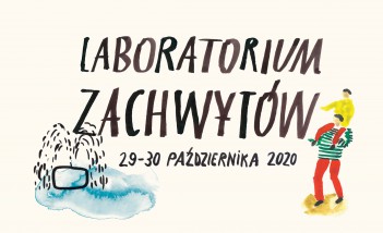 Napis "Laboratorium zachwytów", koło napisu po lewej stronie rysunek przedstawiający tryskającą fontannę i po prawej mężczyzna z dzieckiem.