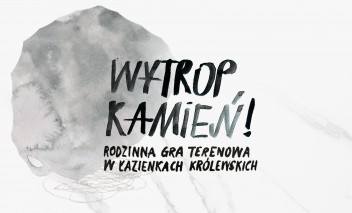 Rysunek kamienia i napis "Wytrop kamień! Rodzinna gra terenowa w Łazienkach Królewskich.