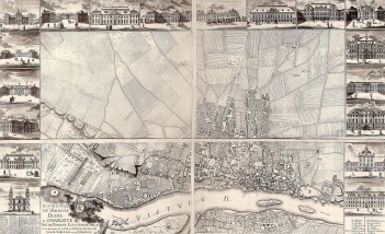Historyczna mapa pokazująca Warszawę. Wzdłuż wyrysowanej na mapie rzeki, widać zarysy zabudowań. Obramowanie mapy stanowią rysunki budynków.