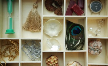 Pudełko z przegródkami, w których znajdują się drobne przedmioty, takie jak kamienie, muszle, pióra.