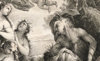 Rysunek przedstawiający trzy antyczne boginie i dwóch mężczyzn.