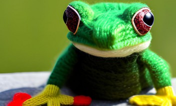 Zielona żaba z włóczki.
