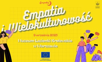 Plakat z napisem "Empatia i wielokulturowość" poniżej napisu po prawej i lewej stronie znajdują się narysowane postaci. 