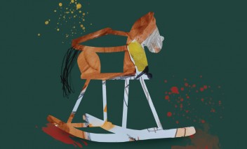 Plakat przedstawiający rysunek konia na biegunach. Poniżej znajduje się napis: Maluję. Rodzinna strefa malarska".