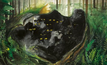 Rysunek przedstawiający czarnego stwora siedzącego w lesie. 